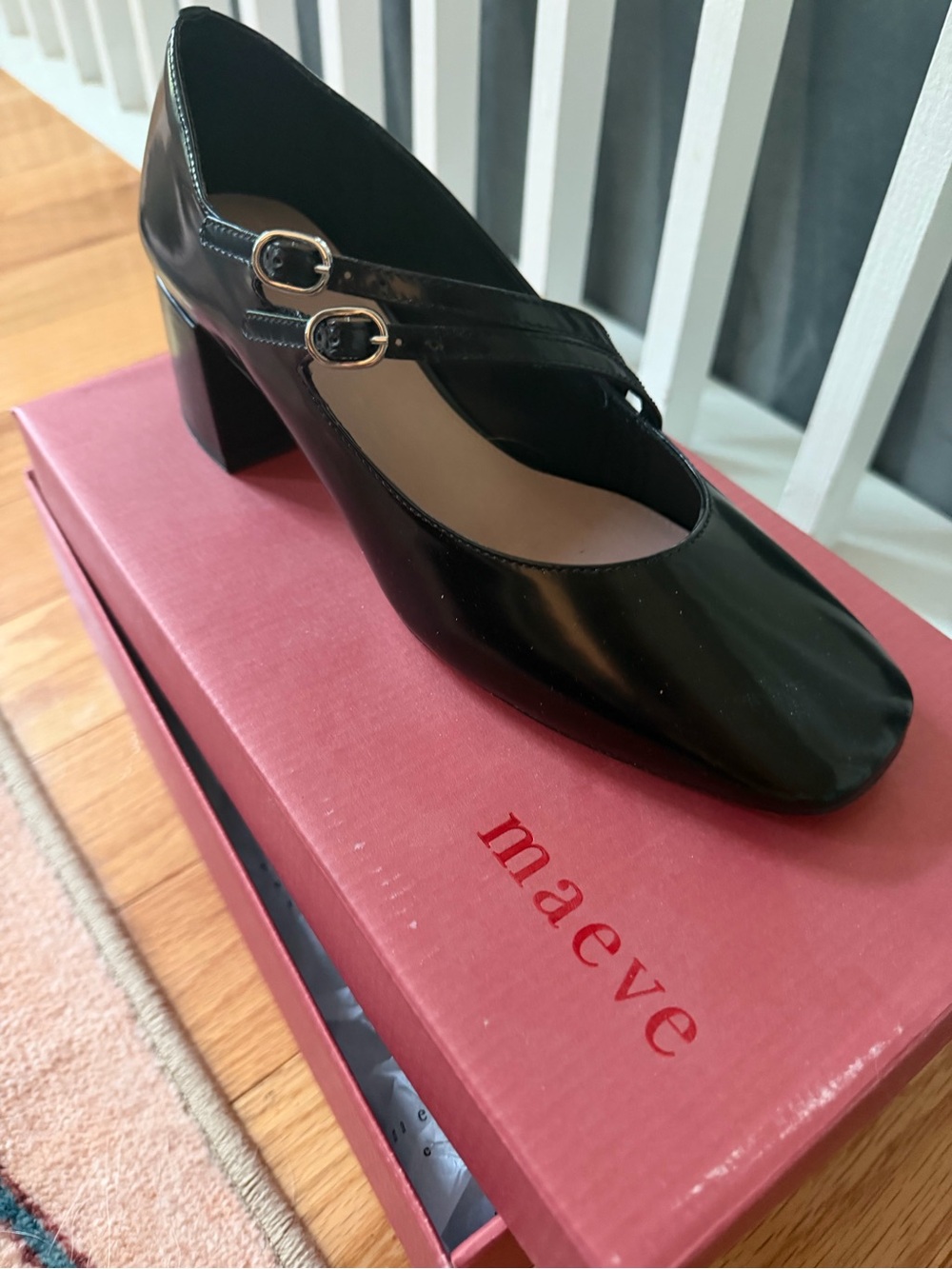 Maeve Black Double-Strap Square-Toe Block Heel